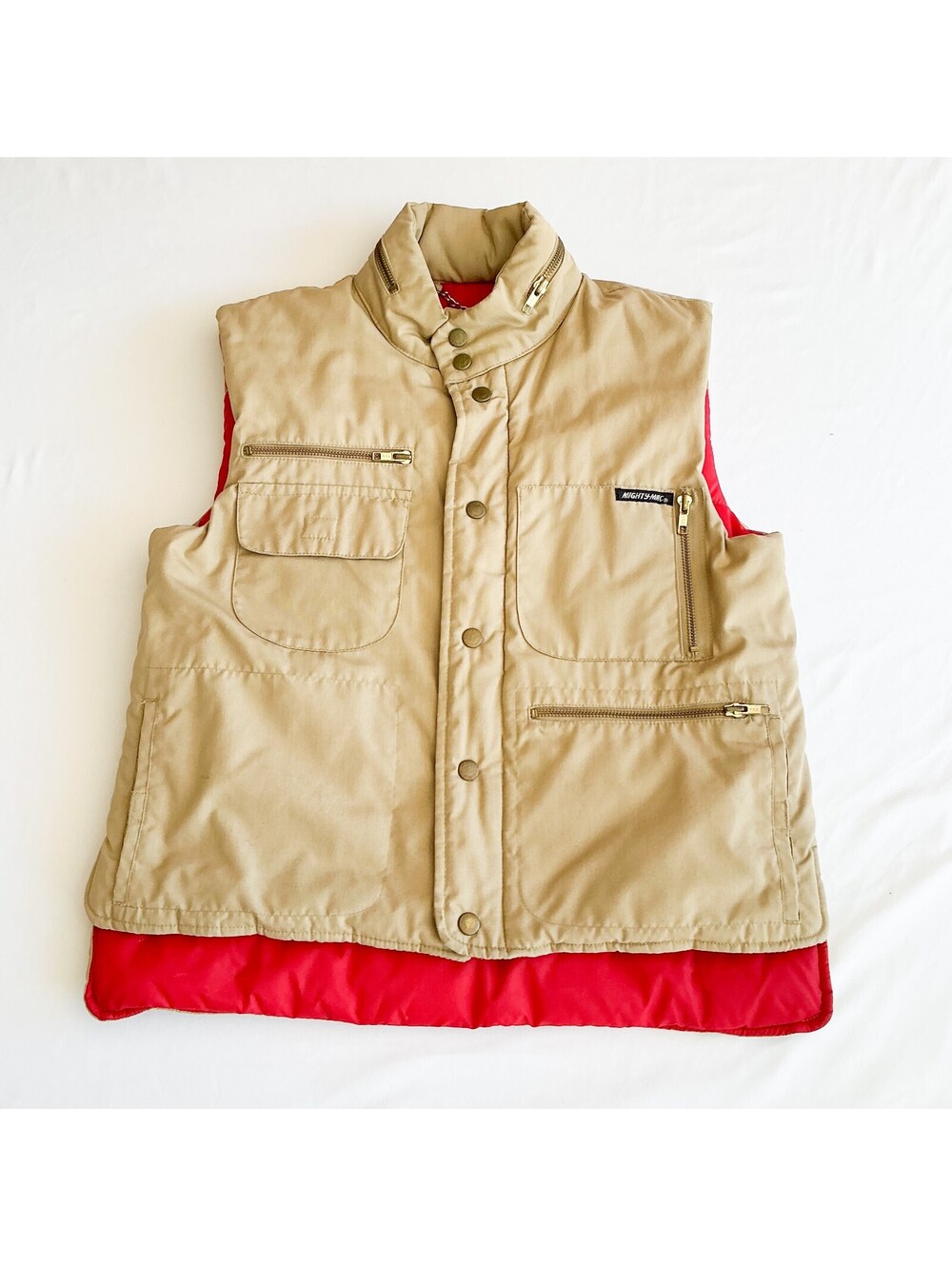 Mighty-Mac Vintage 70s Boyswear Tan Red Puffer Hooded Vest Outerwear Large 16-18